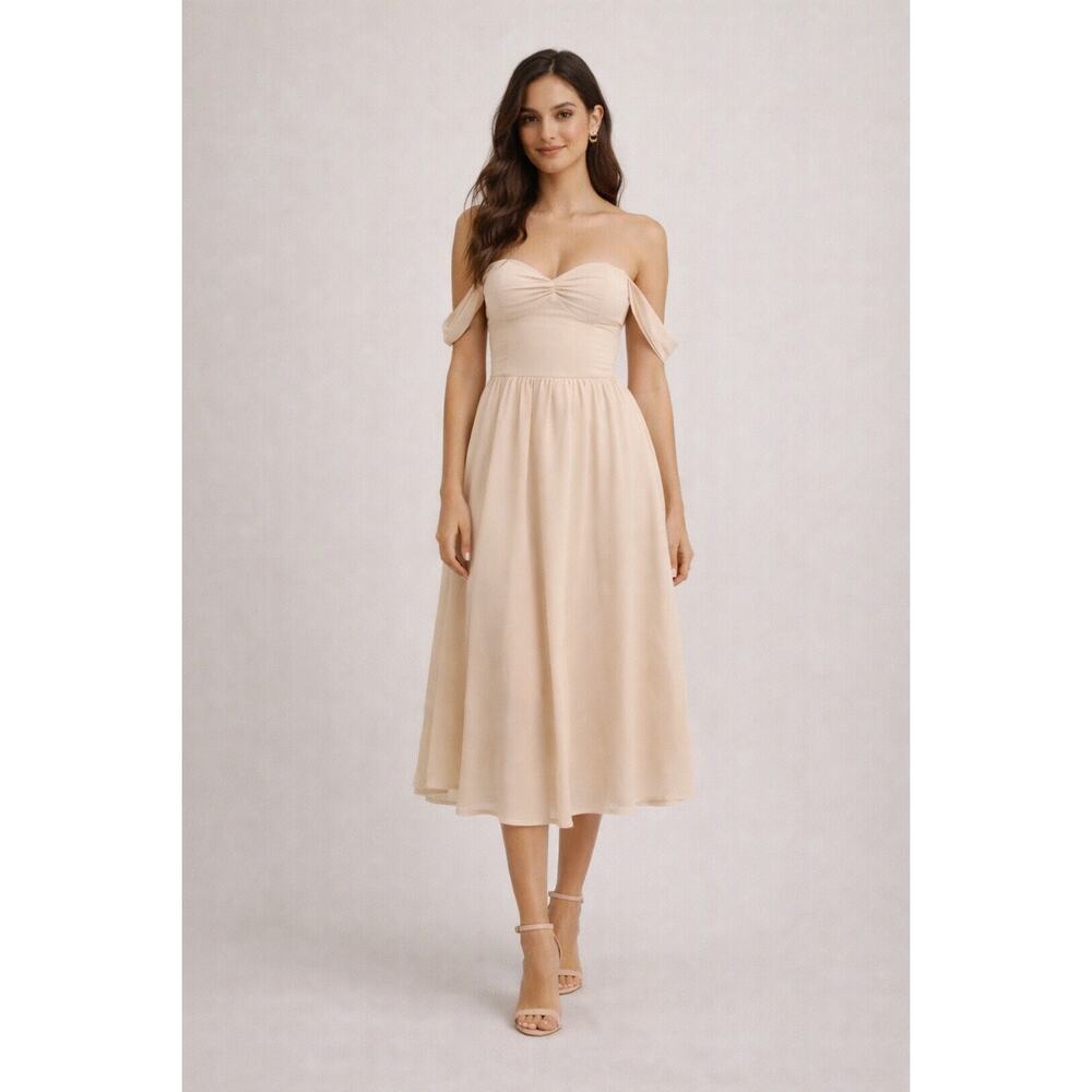 Reformation Violet Off Shoulder Smocked Midi Dress Champagne Cream Size 6 New